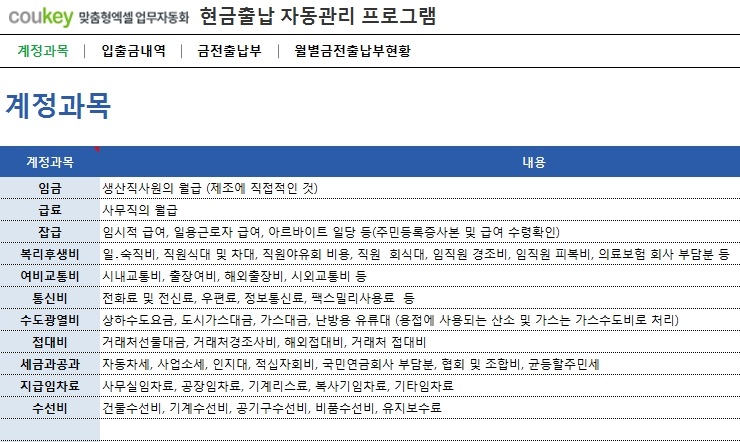 현금출납 기록 관리 프로그램 (계정과목별 집계, 입출금내역관리, 기간별, 월별 금전출납부 현황관리)