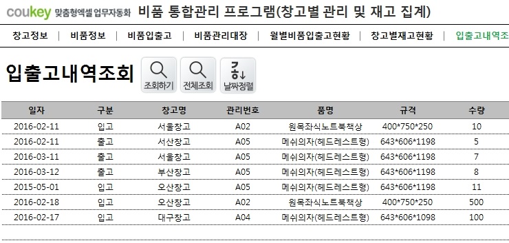 창고별 비품 통합관리 프로그램(창고별재고현황,비품관리대장)