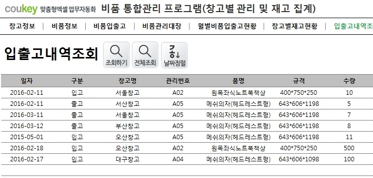 비품 통합관리 프로그램(창고별 관리 및 재고 집계)