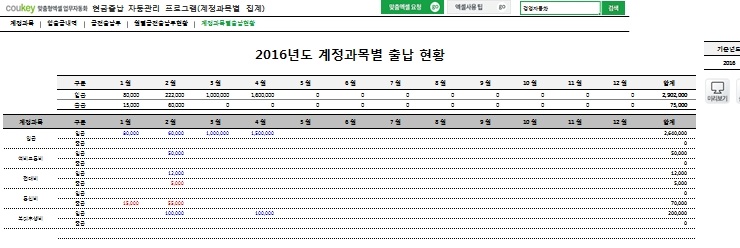 현금출납 자동관리 프로그램(계정과목별 집계, 입출금내역관리, 기간별, 월별 금전출납부 현황관리)