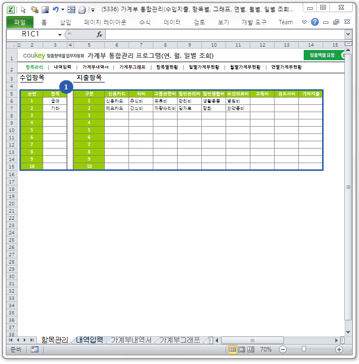 가계부 통합관리 프로그램(수입지출, 항목별, 그래프, 연별, 월별, 일별 조회)