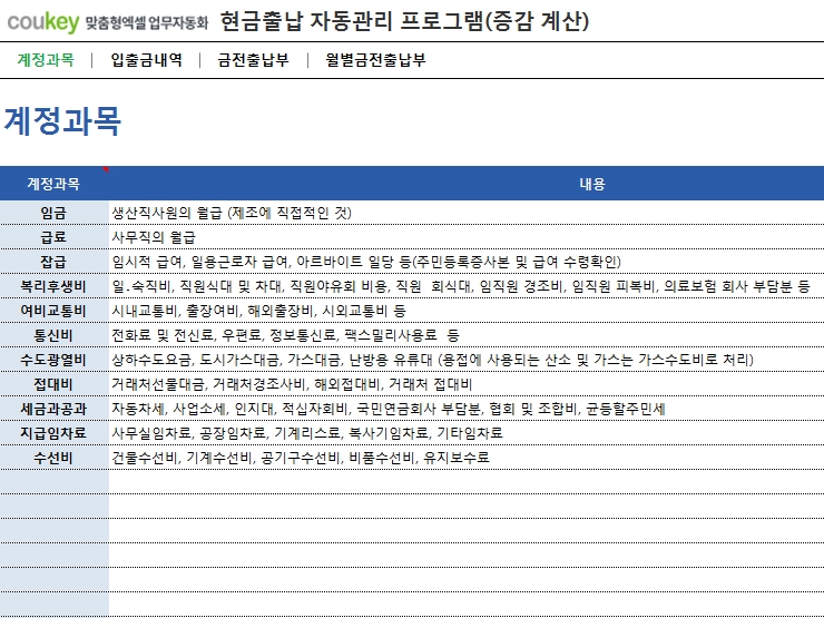 자금(현금)출납부 자동관리 프로그램 (입출금내역관리, 증감액, 증감률 자동계산)
