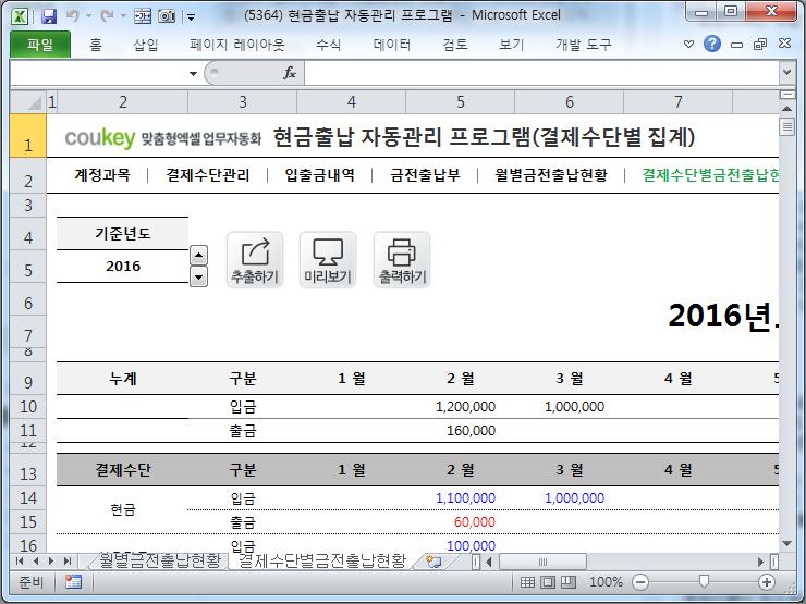 현금출납 자동관리 프로그램(결제수단별 집계)