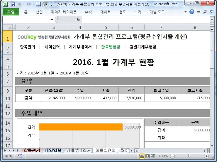 가계부 통합관리 프로그램(평균 수입지출 자동계산)