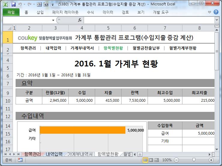 가계부 통합관리 프로그램(증감액, 증감률 자동계산)