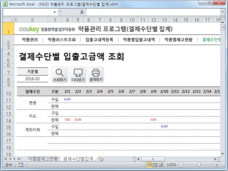 약품관리 프로그램(결제수단별 집계)