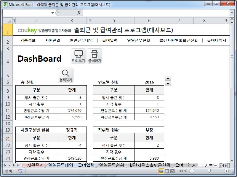 출퇴근 및 급여관리 프로그램(대시보드, 주5일, 급여명세서, 출퇴근현황) ver 2024 근로기준법 개정