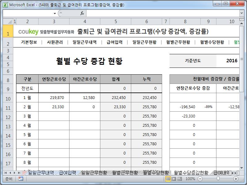 출퇴근 및 급여관리 프로그램(수당 증감액, 증감률, 주5일, 급여명세서) ver 2024 근로기준법 개정