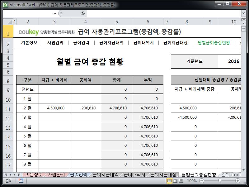 급여 계산 자동관리 프로그램 (증감액, 증감률) Ver 2024 근로기준법 개정 급여 계산 자동관리 프로그램 (증감액, 증감률) Ver 2024 근로기준법 개정