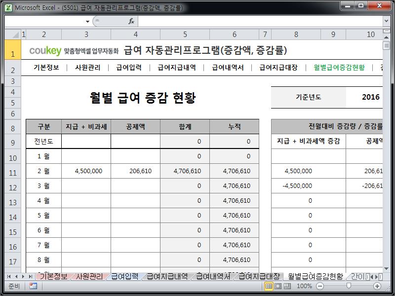 급여 자동관리프로그램(증감액, 증감률) ver 2024 근로기준법 개정