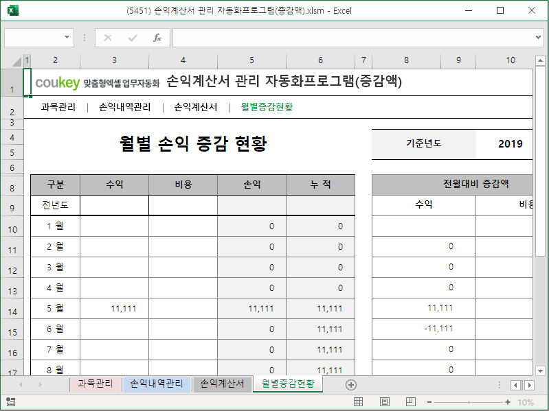 손익계산서, 재무 관리 자동화 프로그램 (증감액) 손익계산서, 재무 관리 자동화 프로그램 (증감액)