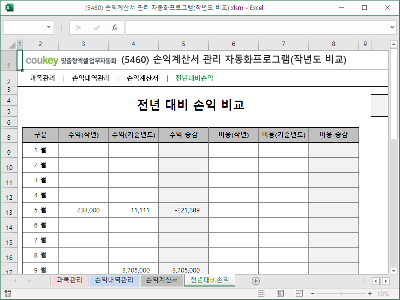 손익계산서, 재무분석 관리 자동화 프로그램 (작년도 비교)