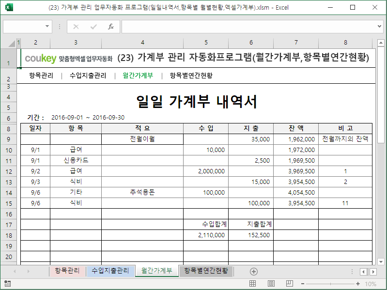 가계부 관리 자동화프로그램(월간가계부,항목별연간현황)